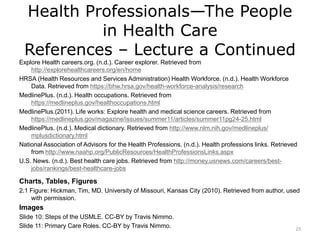 Health Professionals—The People
in Health Care
References – Lecture a Continued
Explore Health careers.org. (n.d.). Career explorer. Retrieved from
http://explorehealthcareers.org/en/home
HRSA (Health Resources and Services Administration) Health Workforce. (n.d.). Health Workforce
Data. Retrieved from https://bhw.hrsa.gov/health-workforce-analysis/research
MedlinePlus. (n.d.). Health occupations. Retrieved from
https://medlineplus.gov/healthoccupations.html
MedlinePlus.(2011). Life works: Explore health and medical science careers. Retrieved from
https://medlineplus.gov/magazine/issues/summer11/articles/summer11pg24-25.html
MedlinePlus. (n.d.). Medical dictionary. Retrieved from http://www.nlm.nih.gov/medlineplus/
mplusdictionary.html
National Association of Advisors for the Health Professions. (n.d.). Health professions links. Retrieved
from http://www.naahp.org/PublicResources/HealthProfessionsLinks.aspx
U.S. News. (n.d.). Best health care jobs. Retrieved from http://money.usnews.com/careers/best-
jobs/rankings/best-healthcare-jobs
Charts, Tables, Figures
2.1 Figure: Hickman, Tim, MD. University of Missouri, Kansas City (2010). Retrieved from author, used
with permission.
Images
Slide 10: Steps of the USMLE. CC-BY by Travis Nimmo.
Slide 11: Primary Care Roles. CC-BY by Travis Nimmo. 23
 
