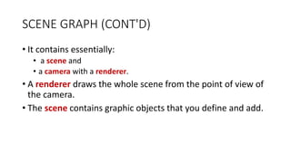 SCENE GRAPH (CONT'D)
• It contains essentially:
• a scene and
• a camera with a renderer.
• A renderer draws the whole scene from the point of view of
the camera.
• The scene contains graphic objects that you define and add.
 