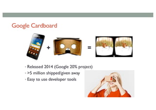 Google Cardboard
• Released 2014 (Google 20% project)
• >5 million shipped/given away
• Easy to use developer tools
+ =
 