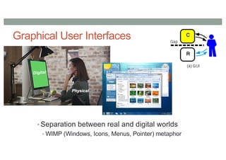 Graphical User Interfaces
• Separation between real and digital worlds
• WIMP (Windows, Icons, Menus, Pointer) metaphor
 