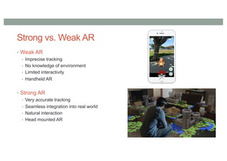 • Weak AR
• Imprecise tracking
• No knowledge of environment
• Limited interactivity
• Handheld AR
• Strong AR
• Very accurate tracking
• Seamless integration into real world
• Natural interaction
• Head mounted AR
Strong vs. Weak AR
 