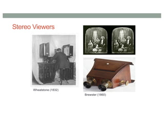 Stereo Viewers
Wheatstone (1832)
Brewster (1860)
 