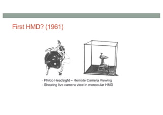 First HMD? (1961)
• Philco Headsight – Remote Camera Viewing
• Showing live camera view in monocular HMD
 