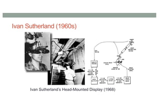 Ivan Sutherland (1960s)
6
1
Ivan Sutherland’s Head-Mounted Display (1968)
 