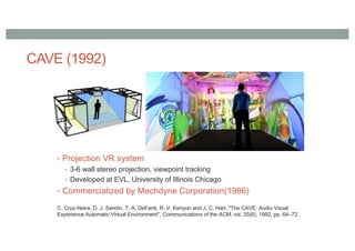CAVE (1992)
• Projection VR system
• 3-6 wall stereo projection, viewpoint tracking
• Developed at EVL, University of Illinois Chicago
• Commercialized by Mechdyne Corporation(1996)
C. Cruz-Neira, D. J. Sandin, T. A. DeFanti, R. V. Kenyon and J. C. Hart. "The CAVE: Audio Visual
Experience Automatic Virtual Environment", Communications of the ACM, vol. 35(6), 1992, pp. 64–72.
 