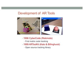 Development of AR Tools
• 1996 CyberCode (Rekimoto)
• First matrix code tracking
• 1999 ARToolKit (Kato & Billinghurst)
• Open source tracking library
 
