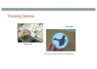 Tracking Demos
https://www.youtube.com/watch?v=TqGAqAFlGg0
ARToolKit
Cybercode
 