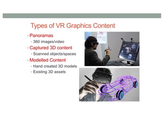 Types of VR Graphics Content
• Panoramas
• 360 images/video
• Captured 3D content
• Scanned objects/spaces
• Modelled Content
• Hand created 3D models
• Existing 3D assets
 