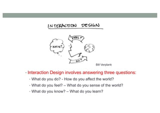 • Interaction Design involves answering three questions:
• What do you do? - How do you affect the world?
• What do you feel? – What do you sense of the world?
• What do you know? – What do you learn?
Bill Verplank
 