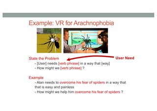 Example: VR for Arachnophobia
State the Problem
- [User] needs [verb phrase] in a way that [way]
- How might we [verb phrase] ?
Example
- Alan needs to overcome his fear of spiders in a way that
that is easy and painless
- How might we help him overcome his fear of spiders ?
User Need
 