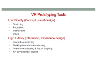 VR Prototyping Tools
Low Fidelity (Concept, visual design)
• Sketching
• Photoshop
• PowerPoint
• Video
High Fidelity (Interaction, experience design)
• Interactive sketching
• Desktop & on-device authoring
• Immersive authoring & visual scripting
• XR development toolkits
 