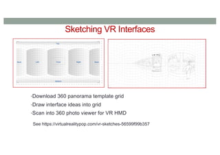 Sketching VR Interfaces
•Download 360 panorama template grid
•Draw interface ideas into grid
•Scan into 360 photo viewer for VR HMD
See https://virtualrealitypop.com/vr-sketches-56599f99b357
 