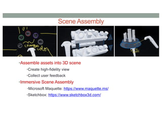 Scene Assembly
•Assemble assets into 3D scene
•Create high-fidelity view
•Collect user feedback
•Immersive Scene Assembly
•Microsoft Maquette: https://www.maquette.ms/
•Sketchbox: https://www.sketchbox3d.com/
 