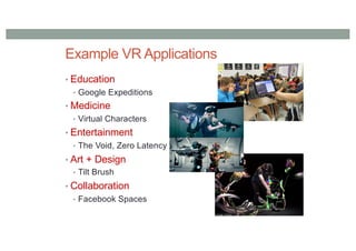 Example VR Applications
• Education
• Google Expeditions
• Medicine
• Virtual Characters
• Entertainment
• The Void, Zero Latency
• Art + Design
• Tilt Brush
• Collaboration
• Facebook Spaces
 