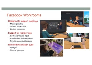 Facebook Workrooms
• Designed to support meetings
• Meeting seating
• Shared blackboard
• Limited movement
• Support for real devices
• Keyboard/mouse input
• Calibrated computer screen
• Private space/public space
• Rich communication cues
• Lip sync
• Natural gestures
 