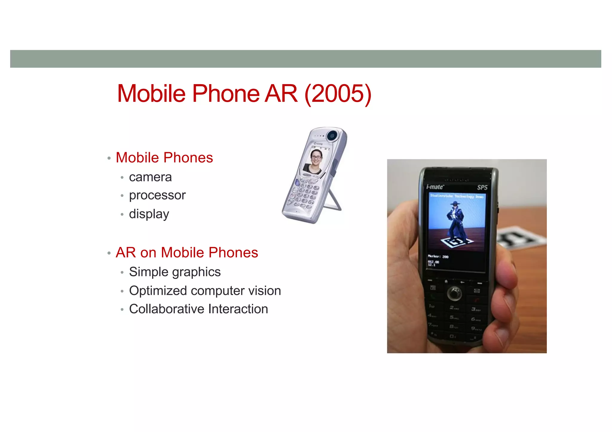 Mobile Phone AR (2005)
• Mobile Phones
• camera
• processor
• display
• AR on Mobile Phones
• Simple graphics
• Optimized computer vision
• Collaborative Interaction
 