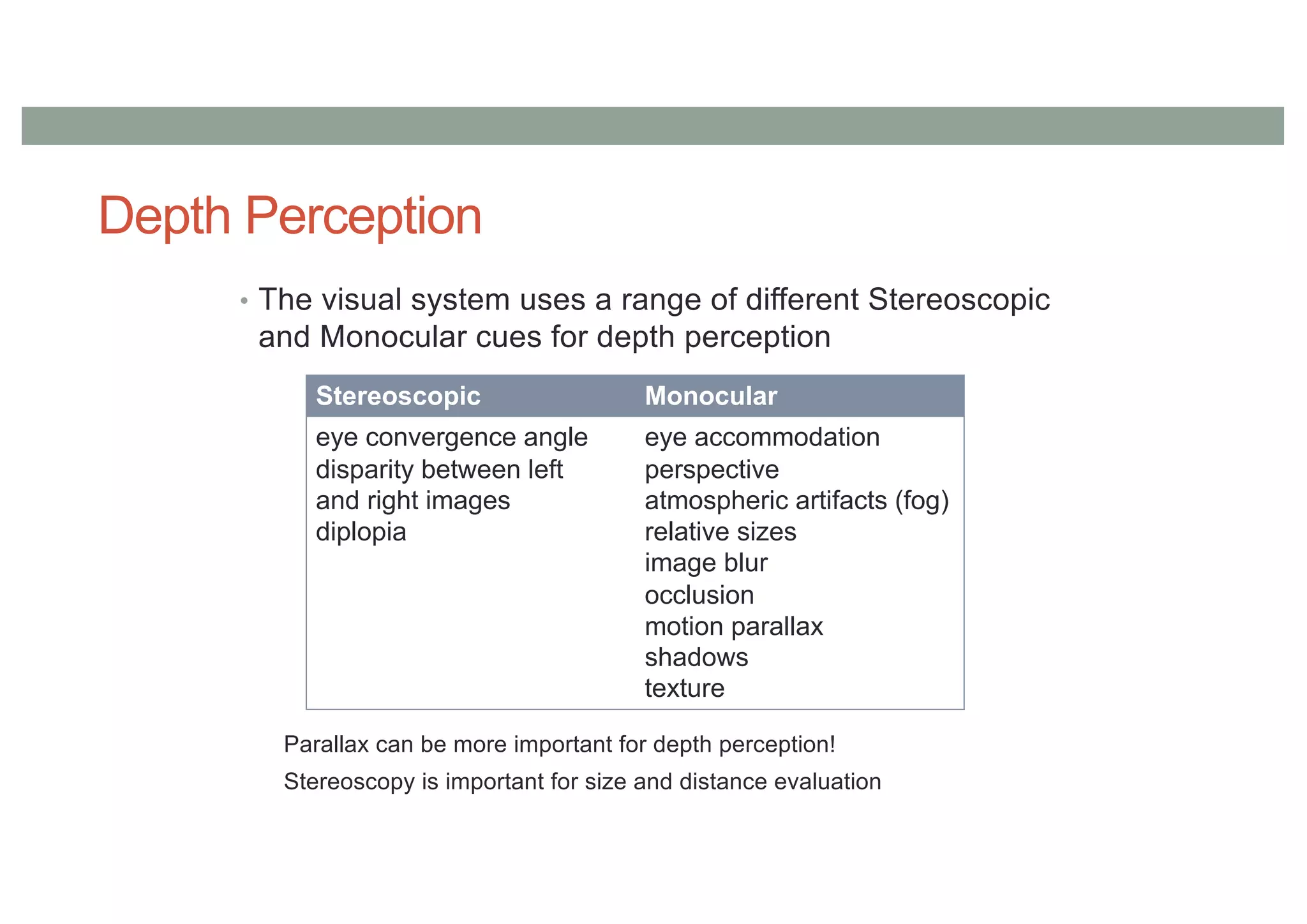 Depth Perception
• The visual system uses a range of different Stereoscopic
and Monocular cues for depth perception
Stereoscopic Monocular
eye convergence angle
disparity between left
and right images
diplopia
eye accommodation
perspective
atmospheric artifacts (fog)
relative sizes
image blur
occlusion
motion parallax
shadows
texture
Parallax can be more important for depth perception!
Stereoscopy is important for size and distance evaluation
 