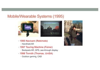 Mobile/Wearable Systems (1995)
• 1995 Navicam (Rekimoto)
• Handheld AR
• 1997 Touring Machine (Feiner)
• Backpack AR, GPS, see-through display
• 1998 Tinmith (Thomas, UniSA)
• Outdoor gaming, CAD
 