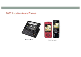 2008: Location Aware Phones
Nokia Navigator
Motorola Droid
 