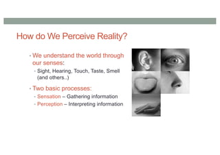 How do We Perceive Reality?
• We understand the world through
our senses:
• Sight, Hearing, Touch, Taste, Smell
(and others..)
• Two basic processes:
• Sensation – Gathering information
• Perception – Interpreting information
 