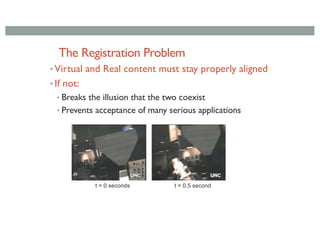Sources of Registration Errors
•Static errors
• Optical distortions (in HMD)
• Mechanical misalignments
• Tracker errors
•...