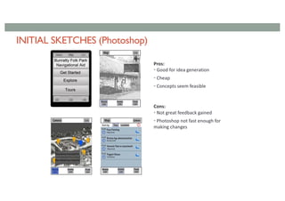 INITIAL SKETCHES (Photoshop)
Pros:
• Good for idea generation
• Cheap
• Concepts seem feasible
Cons:
• Not great feedback gained
• Photoshop not fast enough for
making changes
 