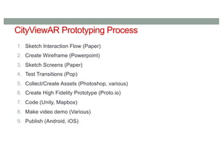 CityViewAR Prototyping Process
1. Sketch Interaction Flow (Paper)
2. Create Wireframe (Powerpoint)
3. Sketch Screens (Paper)
4. Test Transitions (Pop)
5. Collect/Create Assets (Photoshop, various)
6. Create High Fidelity Prototype (Proto.io)
7. Code (Unity, Mapbox)
8. Make video demo (Various)
9. Publish (Android, iOS)
 