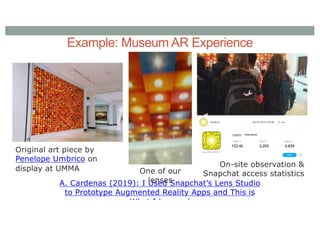 Example: Museum AR Experience
A. Cardenas (2019): I Used Snapchat’s Lens Studio
to Prototype Augmented Reality Apps and This is
What I Learned
Original art piece by
Penelope Umbrico on
display at UMMA One of our
lenses
On-site observation &
Snapchat access statistics
 