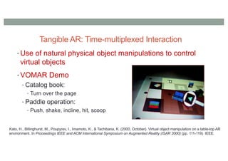 Tangible AR: Time-multiplexed Interaction
• Use of natural physical object manipulations to control
virtual objects
• VOMAR Demo
• Catalog book:
• Turn over the page
• Paddle operation:
• Push, shake, incline, hit, scoop
Kato, H., Billinghurst, M., Poupyrev, I., Imamoto, K., & Tachibana, K. (2000, October). Virtual object manipulation on a table-top AR
environment. In Proceedings IEEE and ACM International Symposium on Augmented Reality (ISAR 2000) (pp. 111-119). IEEE.
 