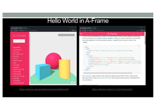 Hello World in A-Frame
https://aframe.io/examples/showcase/helloworld/ https://aframe.io/docs/1.0.0/introduction/
 
