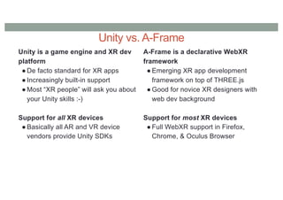 Unity vs. A-Frame
Unity is a game engine and XR dev
platform
● De facto standard for XR apps
● Increasingly built-in support
● Most “XR people” will ask you about
your Unity skills :-)
Support for all XR devices
● Basically all AR and VR device
vendors provide Unity SDKs
A-Frame is a declarative WebXR
framework
● Emerging XR app development
framework on top of THREE.js
● Good for novice XR designers with
web dev background
Support for most XR devices
● Full WebXR support in Firefox,
Chrome, & Oculus Browser
 