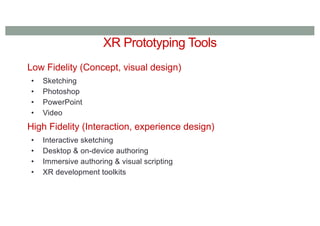 XR Prototyping Tools
Low Fidelity (Concept, visual design)
• Sketching
• Photoshop
• PowerPoint
• Video
High Fidelity (Interaction, experience design)
• Interactive sketching
• Desktop & on-device authoring
• Immersive authoring & visual scripting
• XR development toolkits
 