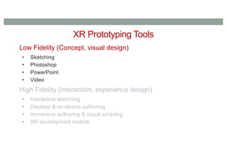 XR Prototyping Tools
Low Fidelity (Concept, visual design)
• Sketching
• Photoshop
• PowerPoint
• Video
High Fidelity (Interaction, experience design)
• Interactive sketching
• Desktop & on-device authoring
• Immersive authoring & visual scripting
• XR development toolkits
 