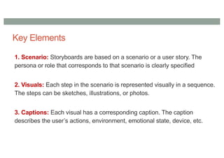 Key Elements
1. Scenario: Storyboards are based on a scenario or a user story. The
persona or role that corresponds to that scenario is clearly specified
2. Visuals: Each step in the scenario is represented visually in a sequence.
The steps can be sketches, illustrations, or photos.
3. Captions: Each visual has a corresponding caption. The caption
describes the user’s actions, environment, emotional state, device, etc.
 
