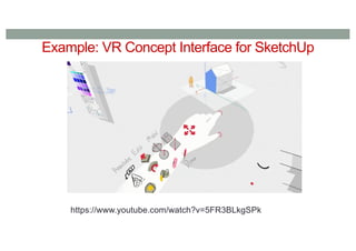 Example: VR Concept Interface for SketchUp
https://www.youtube.com/watch?v=5FR3BLkgSPk
 