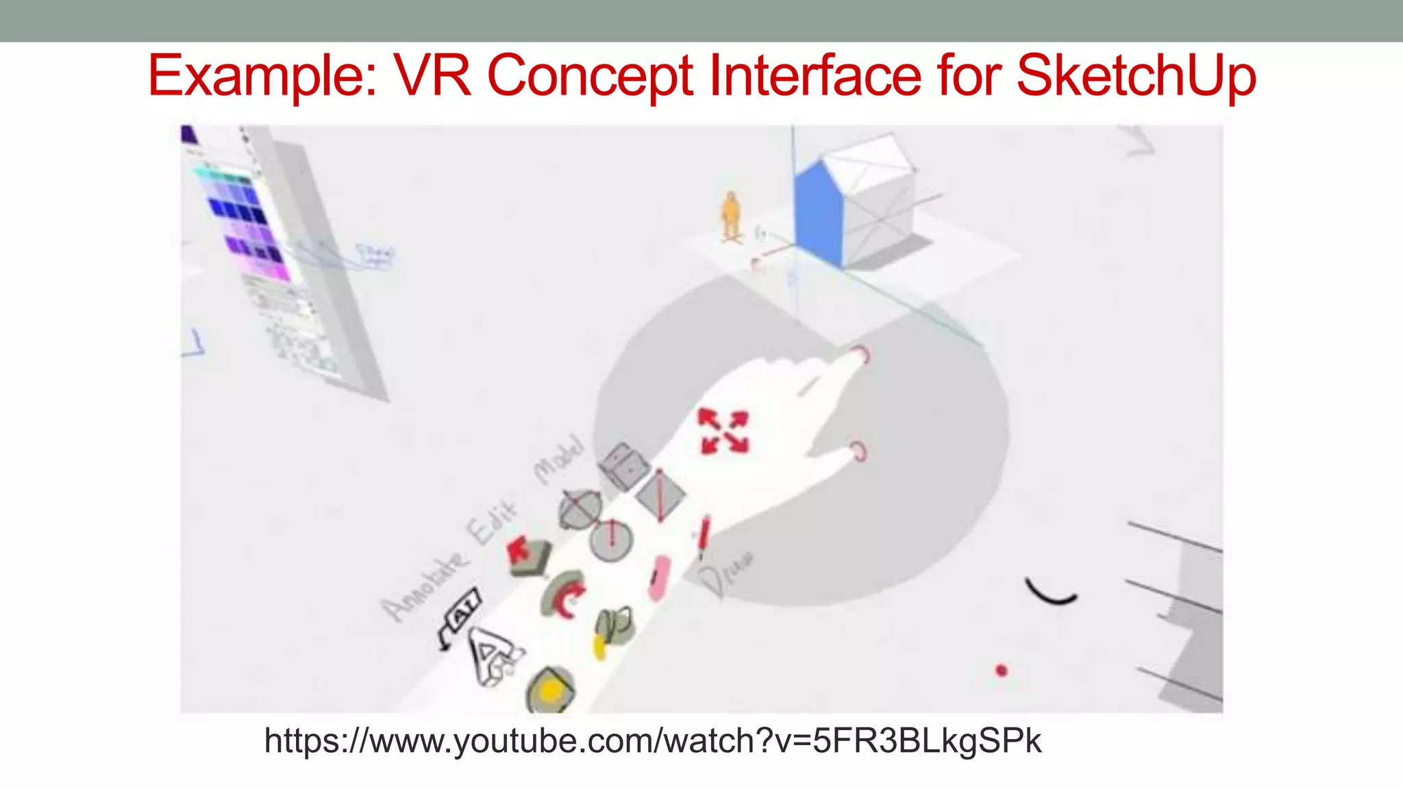 Example: VR Concept Interface for SketchUp
https://www.youtube.com/watch?v=5FR3BLkgSPk
 