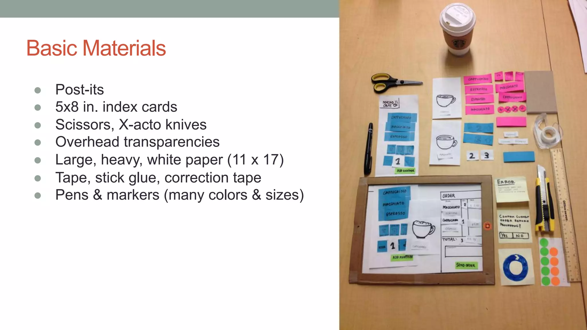 Basic Materials
● Post-its
● 5x8 in. index cards
● Scissors, X-acto knives
● Overhead transparencies
● Large, heavy, white paper (11 x 17)
● Tape, stick glue, correction tape
● Pens & markers (many colors & sizes)
 
