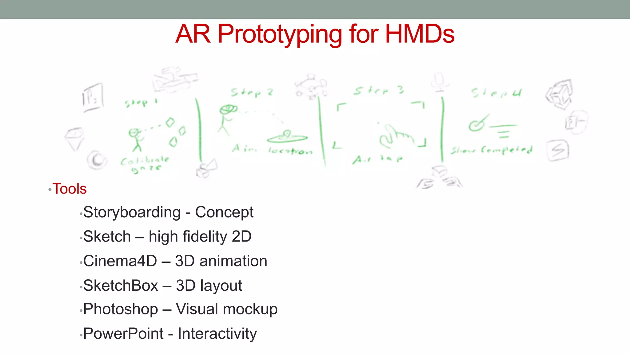 AR Prototyping for HMDs
•Tools
•Storyboarding - Concept
•Sketch – high fidelity 2D
•Cinema4D – 3D animation
•SketchBox – 3D layout
•Photoshop – Visual mockup
•PowerPoint - Interactivity
 