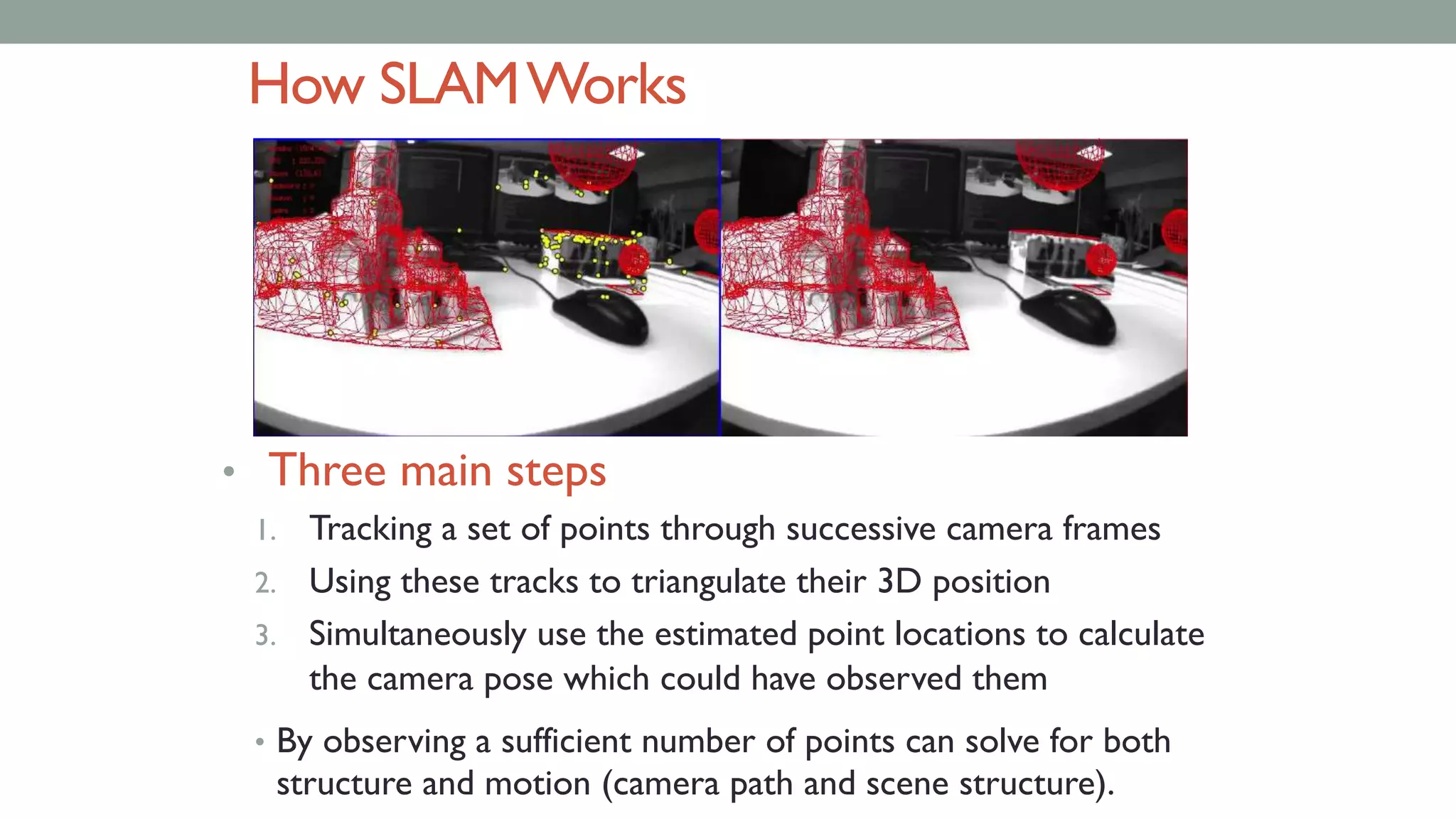 How SLAMWorks
• Three main steps
1. Tracking a set of points through successive camera frames
2. Using these tracks to triangulate their 3D position
3. Simultaneously use the estimated point locations to calculate
the camera pose which could have observed them
• By observing a sufficient number of points can solve for both
structure and motion (camera path and scene structure).
 