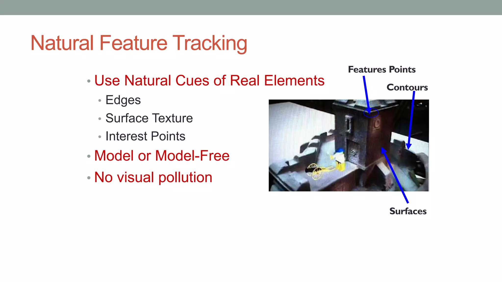 Natural Feature Tracking
• Use Natural Cues of Real Elements
• Edges
• Surface Texture
• Interest Points
• Model or Model-Free
• No visual pollution
Contours
Features Points
Surfaces
 