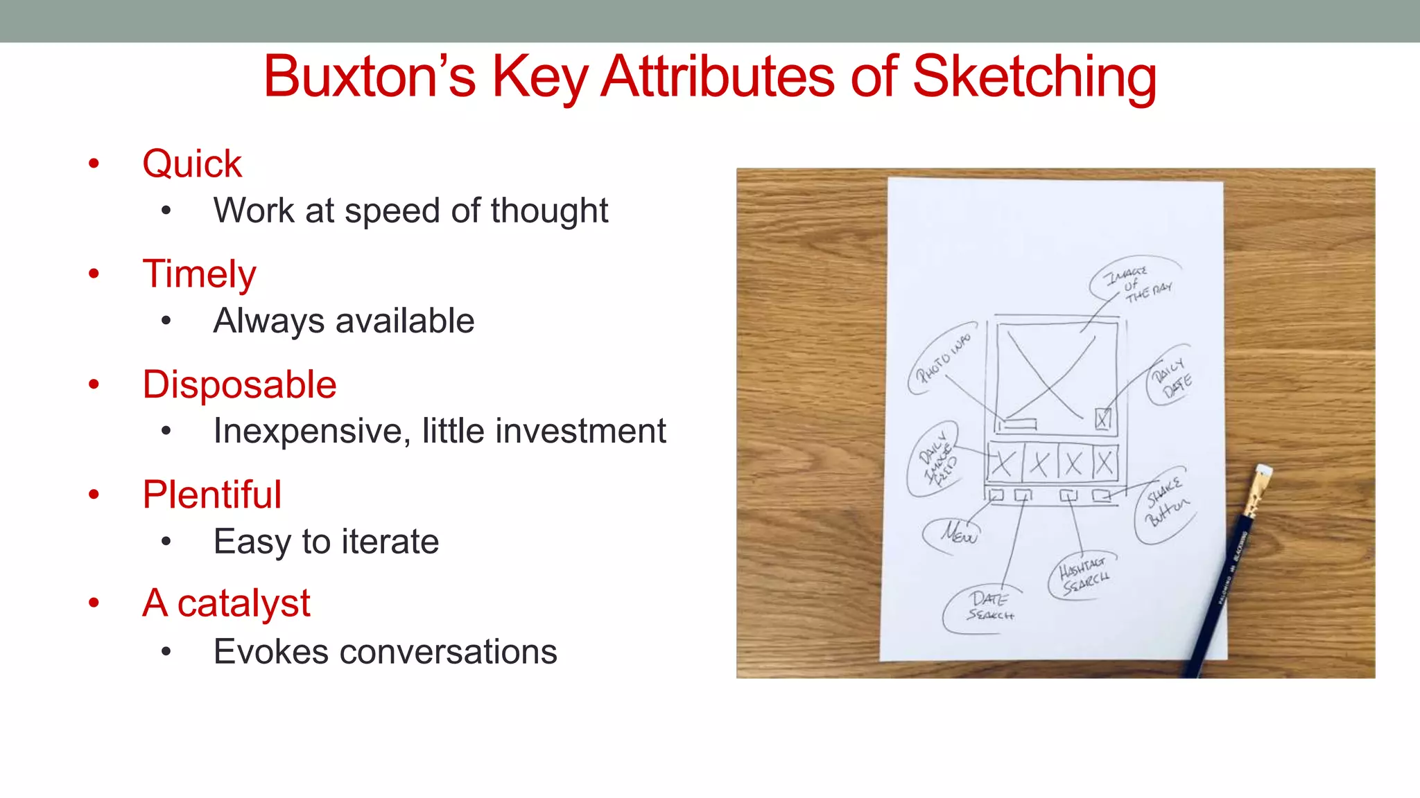 Buxton’s Key Attributes of Sketching
• Quick
• Work at speed of thought
• Timely
• Always available
• Disposable
• Inexpensive, little investment
• Plentiful
• Easy to iterate
• A catalyst
• Evokes conversations
 
