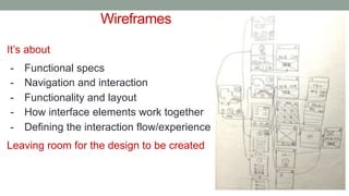 Wireframes
It’s about
- Functional specs
- Navigation and interaction
- Functionality and layout
- How interface elements work together
- Defining the interaction flow/experience
Leaving room for the design to be created
 