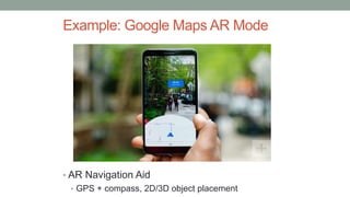 Example: Google Maps AR Mode
• AR Navigation Aid
• GPS + compass, 2D/3D object placement
 