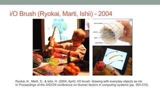 i/O Brush (Ryokai, Marti, Ishii) - 2004
Ryokai, K., Marti, S., & Ishii, H. (2004, April). I/O brush: drawing with everyday objects as ink.
In Proceedings of the SIGCHI conference on Human factors in computing systems (pp. 303-310).
 