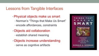 Lessons from Tangible Interfaces
• Physical objects make us smart
• Norman’s “Things that Make Us Smart”
• encode affordances, constraints
• Objects aid collaboration
• establish shared meaning
• Objects increase understanding
• serve as cognitive artifacts
 