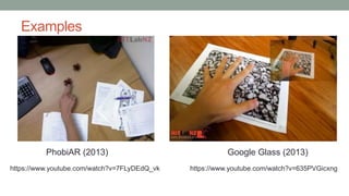 Examples
https://www.youtube.com/watch?v=7FLyDEdQ_vk
PhobiAR (2013)
https://www.youtube.com/watch?v=635PVGicxng
Google Glass (2013)
 