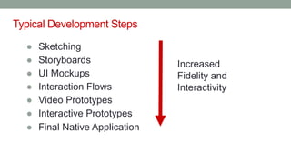 Typical Development Steps
● Sketching
● Storyboards
● UI Mockups
● Interaction Flows
● Video Prototypes
● Interactive Prototypes
● Final Native Application
Increased
Fidelity and
Interactivity
 