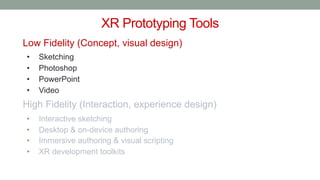 XR Prototyping Tools
Low Fidelity (Concept, visual design)
• Sketching
• Photoshop
• PowerPoint
• Video
High Fidelity (Interaction, experience design)
• Interactive sketching
• Desktop & on-device authoring
• Immersive authoring & visual scripting
• XR development toolkits
 