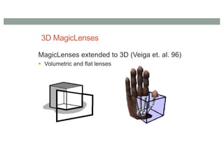 3D MagicLenses
MagicLenses extended to 3D (Veiga et. al. 96)
§ Volumetric and flat lenses
 