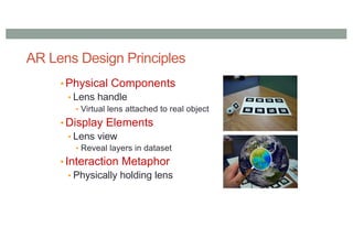 AR Lens Design Principles
• Physical Components
• Lens handle
• Virtual lens attached to real object
• Display Elements
• Lens view
• Reveal layers in dataset
• Interaction Metaphor
• Physically holding lens
 
